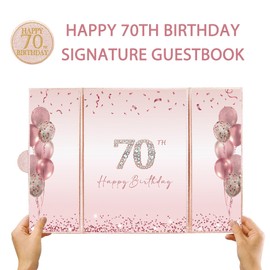 DARUNAXY Rose Gold 70th Birthday Party Decorations, Happy 70th Birthday Alternative Signature Guest Book for Women Pink Cheers to 70 Years Old Gifts 70 Birthday Signing Card Board Party Supplies