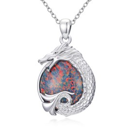 925 Sterling Silver Dragon - themed Large Opal Pendant Necklace for Women