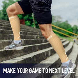 Thoxcare Manga de compresión para pantorrilla de 20 a 30 mmHg para hombres y mujeres, calcetines de compresión sin pies para caminar, correr y ciclismo, alivio de la férula de la espinilla, venas varicosas, hinchazón y dolor, 2 pares-beige/blanco, talla 