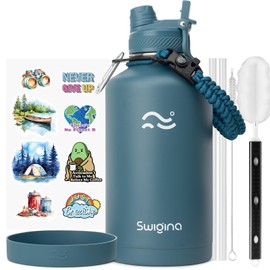 Swigina [2-IN-1 LID] 64 oz Insulated Water Bottle with Silicone Boot (48hrs Cold/24hrs Hot) - DIY Stickers, Leakproof, BPA Free, Half Gallon