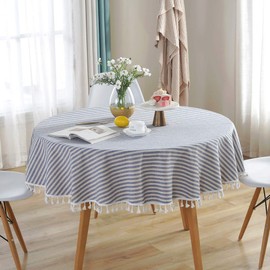 Plenmor Cotton Linen Table Cloth Stripe Tassel Round Tablecloth Dust-Proof Table Cover for Kitchen Dinning Tabletop Decoration (Round, 150cm, Blue)