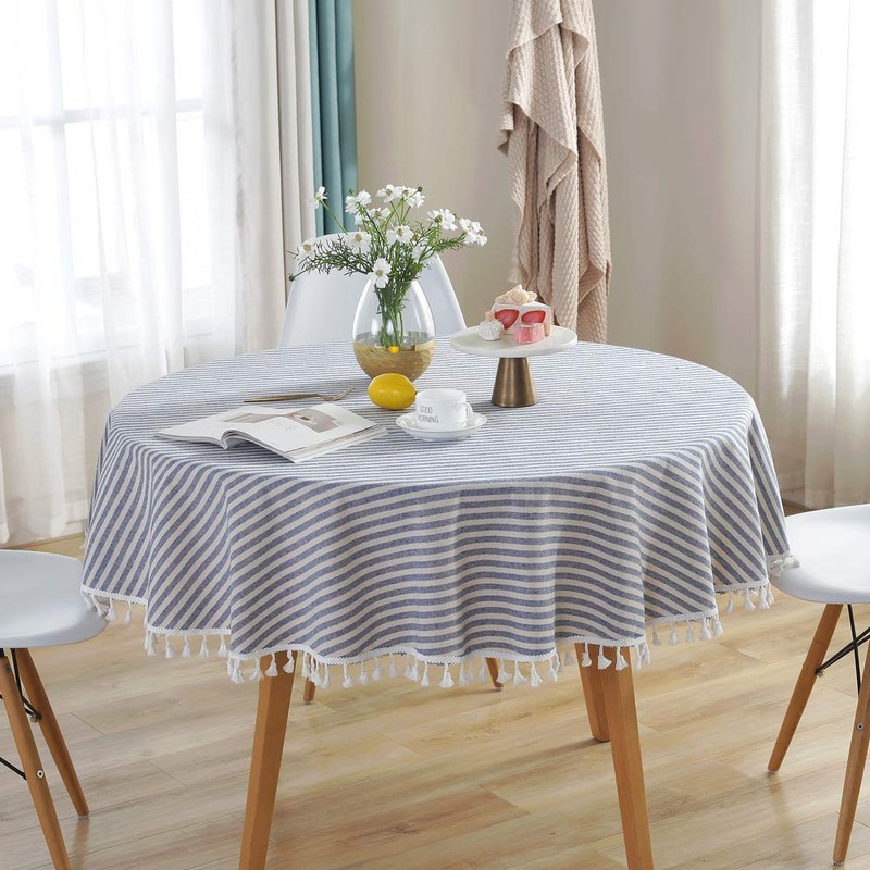 Plenmor Cotton Linen Table Cloth Stripe Tassel Round Tablecloth Dust-Proof