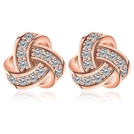 14K Gold Plated Stud Earrings | 925 Sterling Silver Post CZ Hypoallergenic Earrings Love Knot Cubic Zirconia Earrings for Women (Rose Gold)