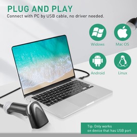 JRHC Wired 2D QR Barcode Scanner, Handheld Barcode Scanner, 1D USB Reader, Plug and Play Barcode Reader with Fast Reading, Ergonomic Design - Portable