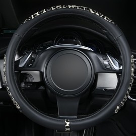 Flying Banner car Steering Wheel Cover Gel Massage Velvet Cool Warm Universal Size 15 inches SUV Truck Anti Slip Odorless Summer Winter (Black Gray Leopard Print, Gel Massage)