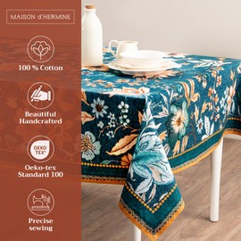 Maison d' Hermine Table Cover 100% Cotton 60"x60" Decorative Tablecloth Washable Square Tablecloths for Gifts, Dining, Home, Banquet, Buffet, Luxury Loft-Dark Teal - Thanksgiving/Christmas