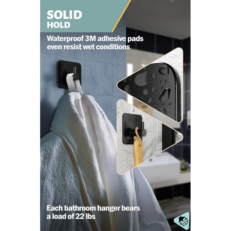 Menz 6-Pack Adhesive Towel Hooks for Bathrooms, Black - Durable