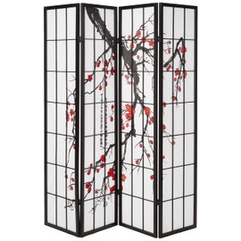 Roundhill Furniture Black Japanese 4-Panel Screen Room Divider, Plum Blossom