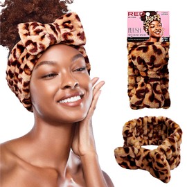 Red by Kiss Spa Headband for Washing Face Facial Makeup Bow Head Band Soft Plush Fleece Stretchy Head Wraps for Women Shower Bath Washing Face Mask (LEOPARD)