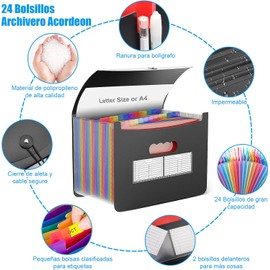 Carpeta Organizadora de Documentos, 24 Folder Tamaño Carta A4, Organizador de Archivos Plástico con Separadores, Archivero Acordeon Expandible para Guardar Facturas, Recibos, Cupones, Negro