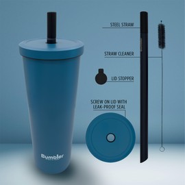 Stainless Steel Bubble Tea Cup - Bumbler 24oz Large Reusable Eco-Friendly Tumbler with Wide Soft Tip Metal Straw, Leak-Proof Lid - for Boba, Smoothies, Iced Coffee, Hot or Cold Drinks - Blue Eclipse