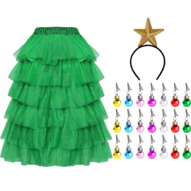 24 Pcs Christmas Tree Costume Set Festive Party Dress Outfit Tulle Skirts Star Headband Beard Ornaments for Women Girl (7-8 Years)