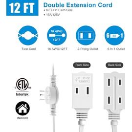 Twin Extension Cord Power Strip, 12 Feet Flat Plug Extension Cord, 6 Feet Each Side, 6 Polarized Receptacles with Safety Covers - 2 Pack, White