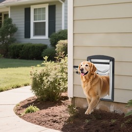 FreeStanding Dog Door for Wall, Steel Frame Large Dog Door with Telescoping Tunnel, Double Magnetic Flaps and Two Sliding Lock Panels, Easy to Install, Up to 100LBS, Gray