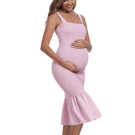 Summer Tank Maternity Dress Sleeveless Strappy Midi Bodycon Square Neck Ruffle Mermaid Smocked Dress for Baby Shower, Pink, S