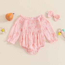 Ayalinggo Baby Girl Cotton Bubble Romper Smocked Muslin Rompers Bow Print Ruffle Outfit Newborn Fall Clothes+Headband (Bow Soft Pink, 12-18 Months)