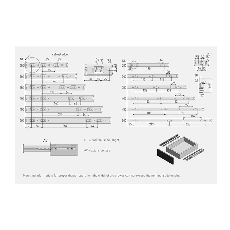 Ball Bearing Drawer Runners Slides H-35mm L- 250mm (1 Pair)