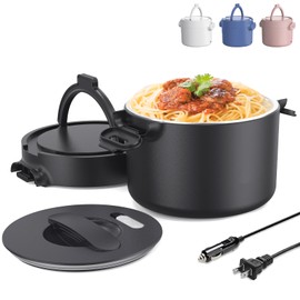 Budth Electric Lunch Box, Portable Food Warmer for Car, Truck, Office, 12V 24V 110V Adapter, Leak Proof, 304 Stainless Steel Container, SS fork & Spoon and Carry Bag (Black)