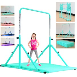 MARFULA Foldable Gymnastic Bar for Kids Ages 3-12, 9 Height Levels, 200 lbs Weight Capacity, 5 Ft Length Gymnastic Kip Bar with Mat, Gymnastic Equipment for Home and Gym Center Indoor Outdoor Use