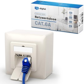 hb-digital 1x CAT 6a Network Socket LAN Socket Universal Junction Box - 2x RJ45 Port - Surface-Mounted/Flush-Mounted Shielded EIA/TIA 568A&B 8P8C 10 Gigabit Ethernet Network - Pure White