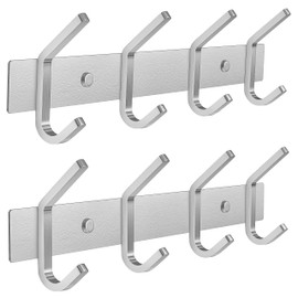 SAYONEYES Brushed Nickel Coat Rack Wall Mount with 4 Double Hooks for Hanging – 12 Inch Heavy Duty SUS304 Stainless Steel Rustic Coat Hooks – Clothes, Purse, Towel Wall Hooks – 2 Pack