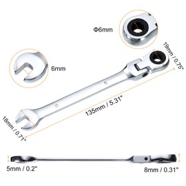 HARFINGTON 2pcs Flex-Head Ratcheting Wrench 6mm 180° Rotating Head Metric Ratchet Combination Wrenches 72-Teeth Chrome Vanadium Steel Open End Ratchet for Fasteners Nut Bolt