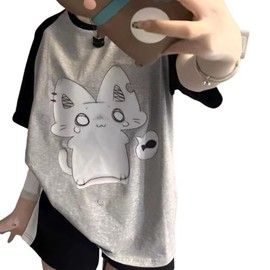 Y2k Cute Kawaii Anime Graphic Tees Oversized Shirts Streetwear Cutecore Clothes 2000s Emo Fairy Grunge Pastel Goth (Sincere Cat Black Grey,Small)