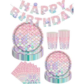 Juego de 145 piezas de vajilla de fiesta de sirena, sirve 24 unidades, platos y servilletas de papel de princesa, tenedores, manteles, pancartas de cumpleaños, para bodas, fiestas de baby shower