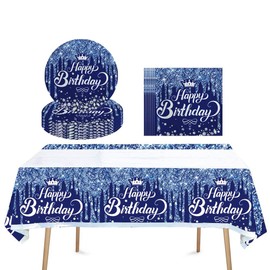 41 suministros de fiesta azul oscuro y plateado, incluyen 20 platos, 20 servilletas y 1 mantel, se utiliza para decoración de fiesta de cumpleaños azul oscuro y plateado (BBB)