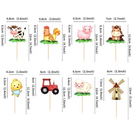 Ercadio - Paquete de 32 adornos para magdalenas de animales de granja para magdalenas de vaca, oveja, caballo, púas para magdalenas de animales de granja para baby shower, granero, fiesta de