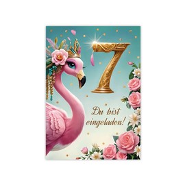 JuNa-Experten 12 Einladungskarten incl. 12 Umschläge zum 7. Kindergeburtstag Mädchen Flamingo coole bunte Einladungen siebte Geburtstag Mädchengeburtstag