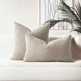 HAUSSY Set of 2 12x20 Decorative Throw Pillow Covers, Soft Cozy Textured Boucle Lumbar Pillow Cases, Home Decor for Couch Bed Living Room, Beige