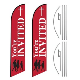Pack 2 - "You're Invited" Church 15-Foot Feather Banner Sign with Flag Pole Kit and Ground Spike- Perfect flag for churches and religious organizations looking to invite for worship services or special occasions.