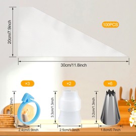 soodyoow Spritzbeutel mit Tüllen, 100 Stück Einweg Spritzbeutel, 6 Spritztüllen, 2 Kuchentüllen, 3 Spritzbeutel-Oberseiten-Gummibänder, Einmal Spritzbeutel für Torten Geeignet Keksen Hausbacken