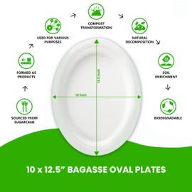 FPN Oval Plates Disposable (250, Large) Eco-Friendly Sugarcane – Biodegradable, Compostable, Sturdy, BPA-Free, Microwave & Freezer Safe – Perfect for Parties, Weddings, Picnics & Everyday Use