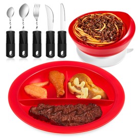 Maxcheck 7 Pcs Spill Proof Scoop Bowl and Partitioned Plate Set with Suction Base and Adaptive Utensils Set Non Slip Weighted Angled Silverware Adaptive Self Feeding Dinnerware for Elderly Disabled