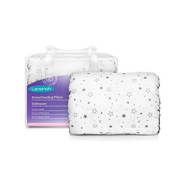 Lansinoh Breastfeeding Pillow for The Arm to Support Nursing Baby as a Cushion, Suitable for All Including c-Section, Portable and Compact, Washable, Light Grey Star Print Fabric