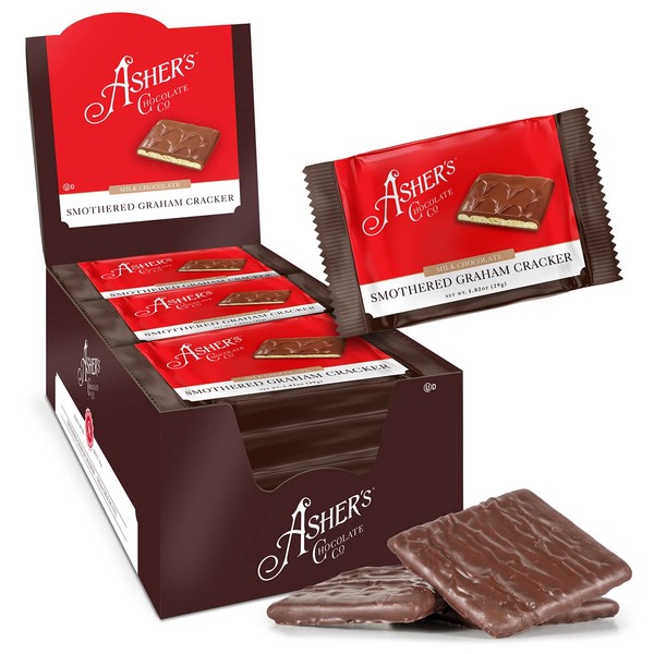 Asher's Galletas de Graham ahumadas de chocolate oscuro envueltas individualmente, caja de 18 unidades