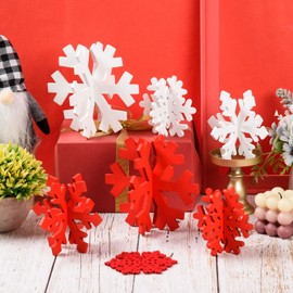 FOBSME Christmas Snowflakes Decoration Set of 6 Winter Wooden Snowflake Signs 3D Snowflake Tabletop Decor Christmas Snowflake Table Centerpiece for Home Tiered Tray Fireplace Shelf Decor(White, Red)