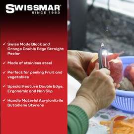 Swissmar Swiss Non-Slip Double Edge Straight Peeler - Easy-Grip Stainless Steel Peeler - Versatile Kitchen Tool, Ideal for Potato Peeler, Veggie Peeler & more - Black & Orange