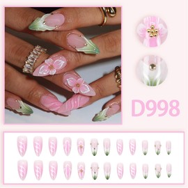 Medium Press on Nails Flower Nail Art- 24Pcs Almond Shaped Fake Nails Green French Tip Glue on Nails with 3D Flowers Design Full Cover False Nails Spring Summer Flower Nails Art Decoration for Women