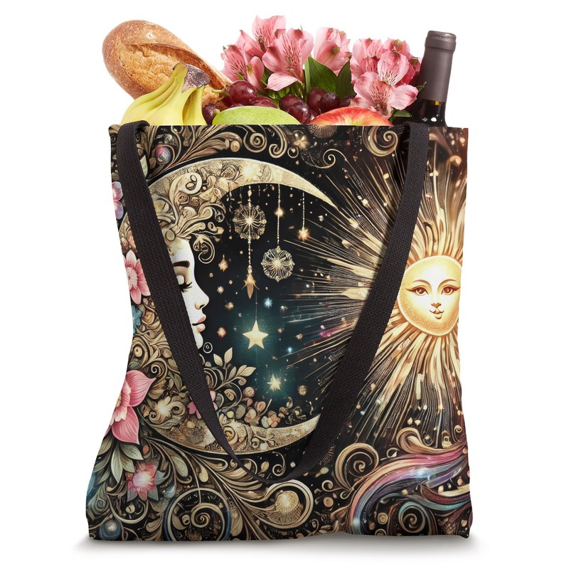 Heavenly Cosmic Day Night Sun Moon Stars Celestial Floral Tote