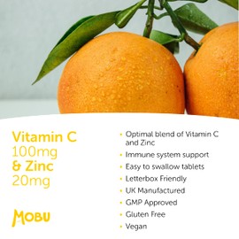 Vitamin C 100mg and Zinc 20mg 120 Tablets | High Strength Immune System Support | Vitamin C & Zinc Supplement | Vegan | GMP Approved | Letterbox Friendly | MOBU UK