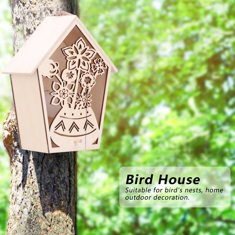 2Pcs Bird House with Warm Light Hollow Flowers Patterns Bird