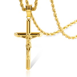 ALEXCRAFT Gold Plated Cross Necklace for Men Gold Cross Necklaces for Women Trendy Stainless Steel Crucifix Pendant with 3mm 21inch Rope Chain