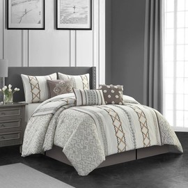 7 Piece Bed-in-Bag Set Pretty Intricated Embroidered Vertical Strips Luxury Comforter Set Cal.King Size | All Seasons Aesthetic Bedding Taupe Tan Ivory Color Soft Cozy Rich Farmhouse Look