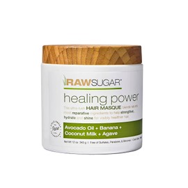 RAW SUGAR, Healing Power, Mascarilla Reparadora para Cabello, con Aceite de Aguacate, Plátano, Leche de Coco y Agave, Prensado en Frío, Vegano, Libre de Sulfatos, Parabenos y Siliconas, 340 g