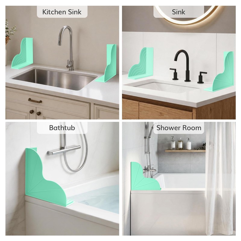 2 Pack Silicone Shower Splash Guard with Suction Cups, Green