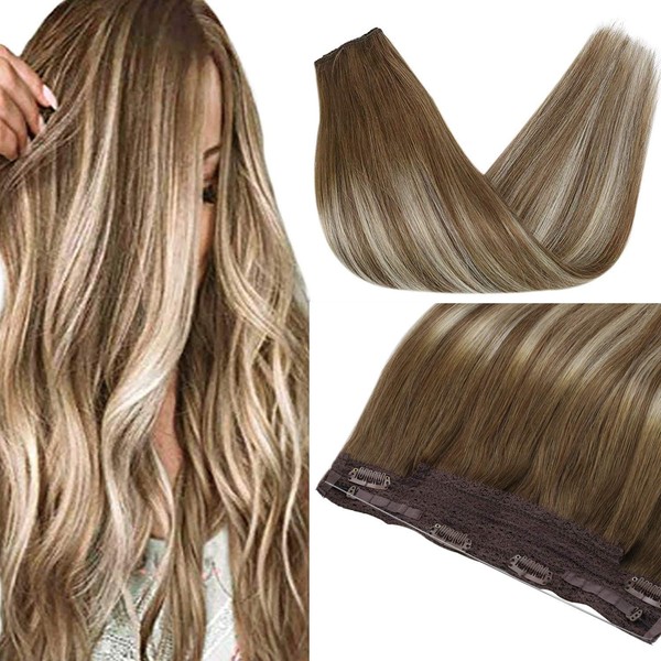 Sunny 16 Inch Hidden Halo Remy Human Hair Extensions Blonde Balayage Color #6 Brown Fading to Platinum Blonde Highlighted One Piece 80g Hair Extensions Halo Wire Double Weft Hair Extensions