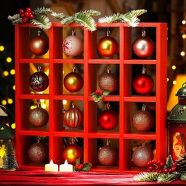 Cinnvoice Christmas Holiday Ornament Displays Rack Wooden Hanging Stand Holder Hanger for Christmas Ball Display Shelf Cabinet for Craft DIY Wall Decorations Gift(Red,16 Compartment)